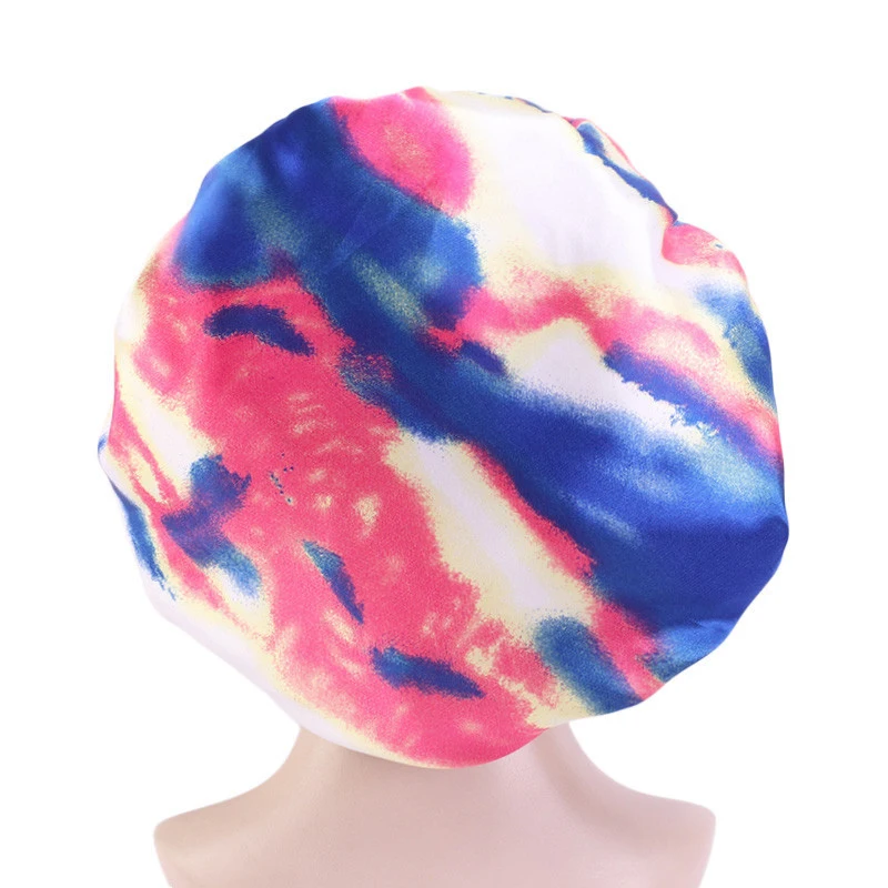 Hot selling Designer Women Kids Reversible Tie Dye Silk Satin bonnets With Drawstring Colorful Silky Mommy And Me Bonnets