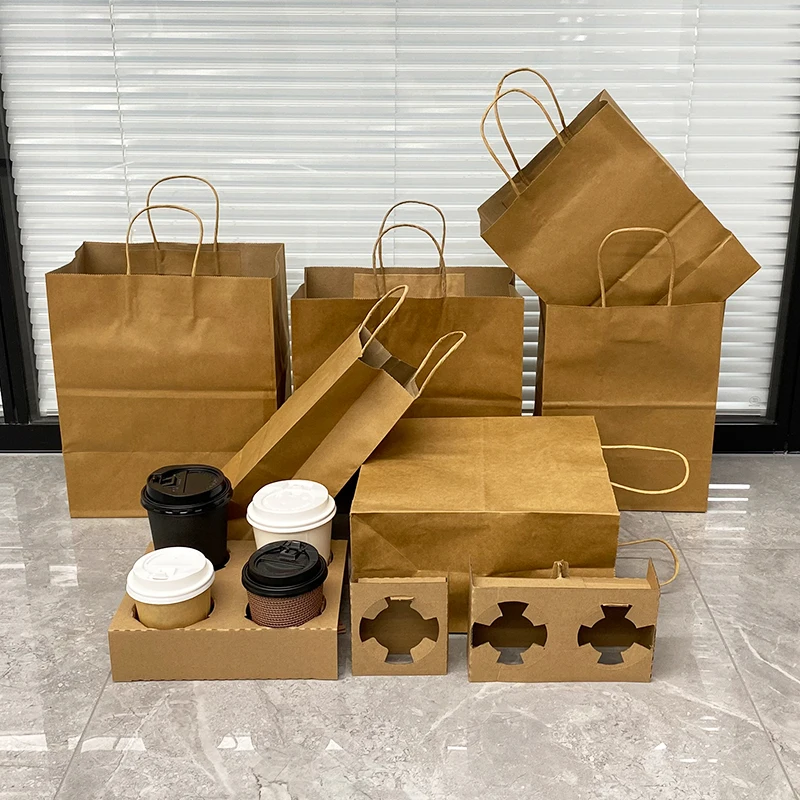 Cheap handle kraft paper bags food takeaway packaging kraft paper bags custom printing takeout kraft paper tote bag