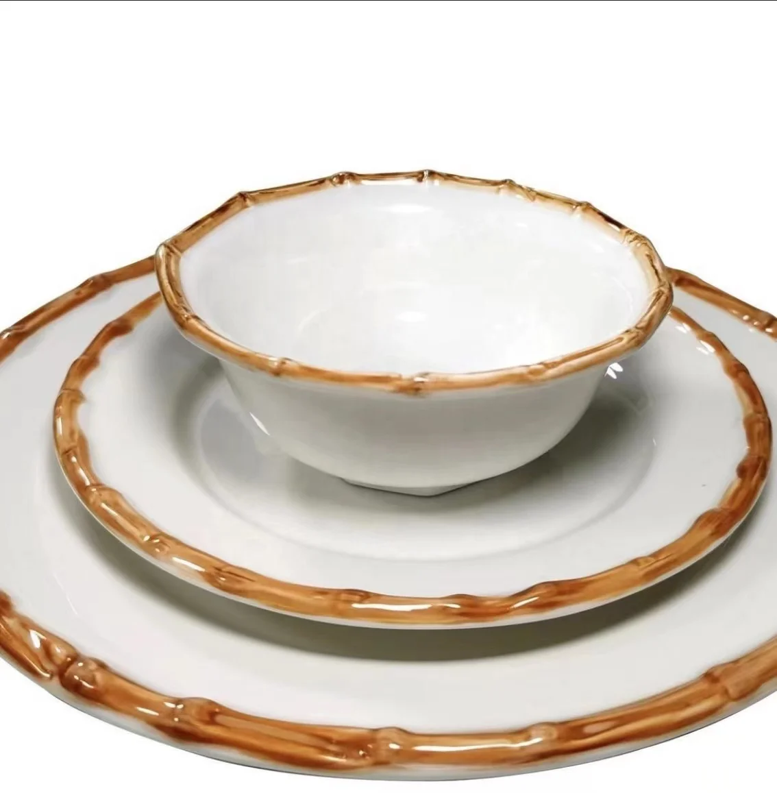 BLAIS brown round tableware dish table setting ceramic porcelain bamboo rim  plates sets dinnerware wedding