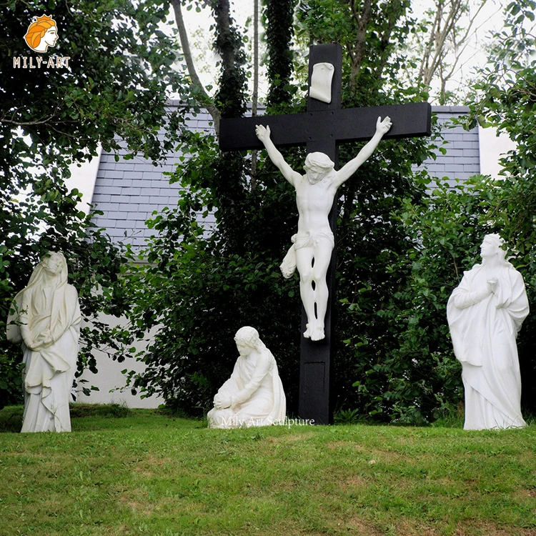 Indoor Outdoor Religious Life Size Hand Made Cross Marble Jesus Statue