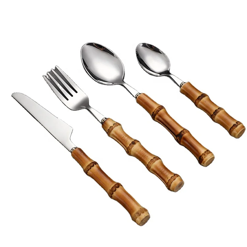 
4pc handmade forged bamboo cutlery set with salad server fork and spoon handcraft luxury bamboo handle silverware set 
