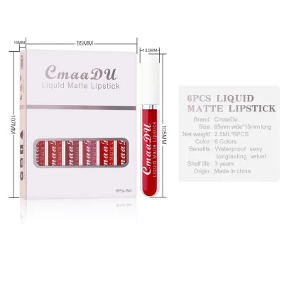 Cmaadu 6pcs/set Matte Lip Gloss Long Lasting Non-Stick Lip Beauty Makeup Waterproof Liquid Lipstick