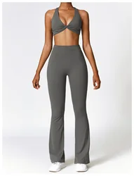 Ptsports  high quality cross bra and bell bottom pants yoga gym fitness set gym clothing activewear training suit
