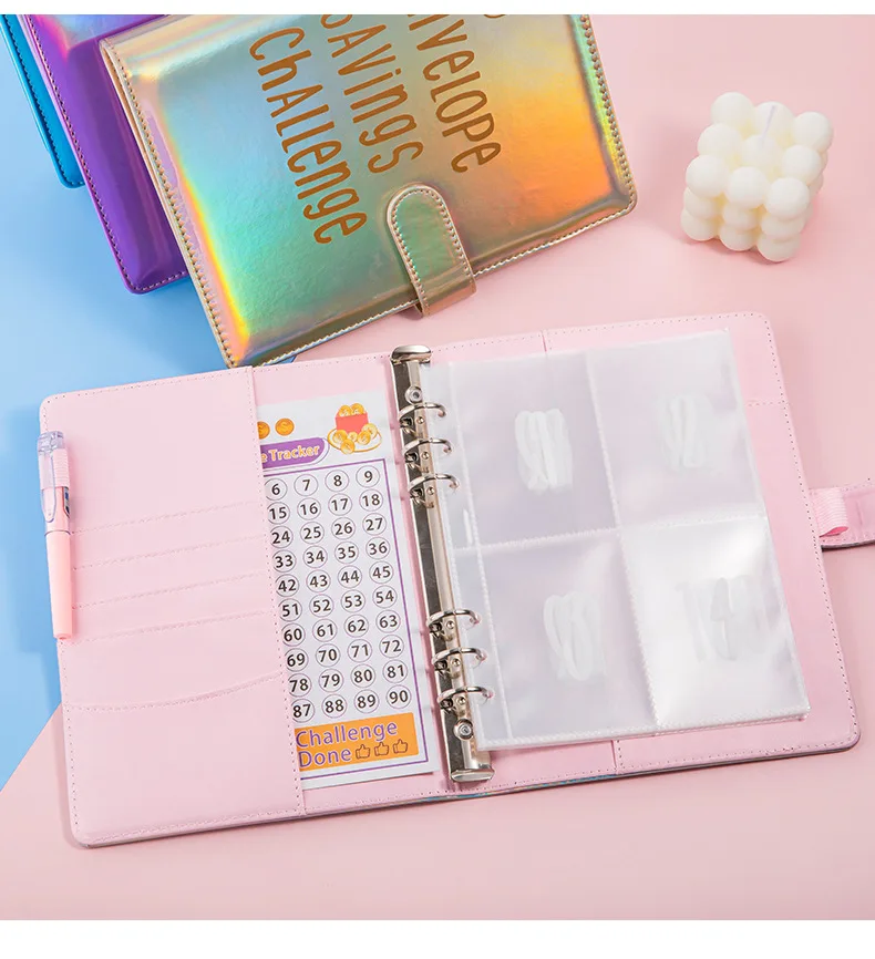 Colorful cash savings challenge envelope loose-leaf books with stickers and transparent bags for budget planner