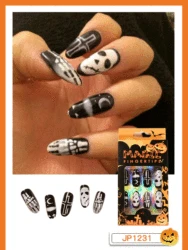 Wholesale 24 Tips Long Coffin Ghost Spider Web Press on Nails Art For Halloween Decoration