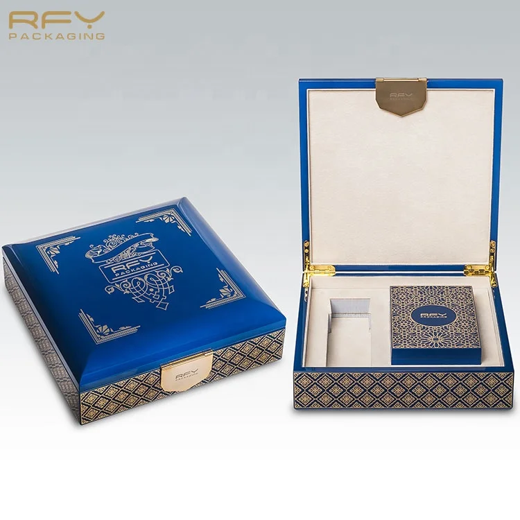 Luxury custom lacquer black blue perfume bottle jewelry organizer wood box for gift pack