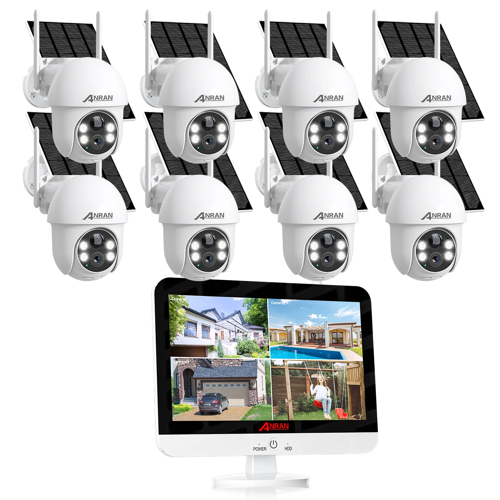 ANRAN Outdoor 4MP 2K 8 channels NVR with 12inch Screen Spotlight Pir Detection Solar cctv Kit Wireless Security Camera
