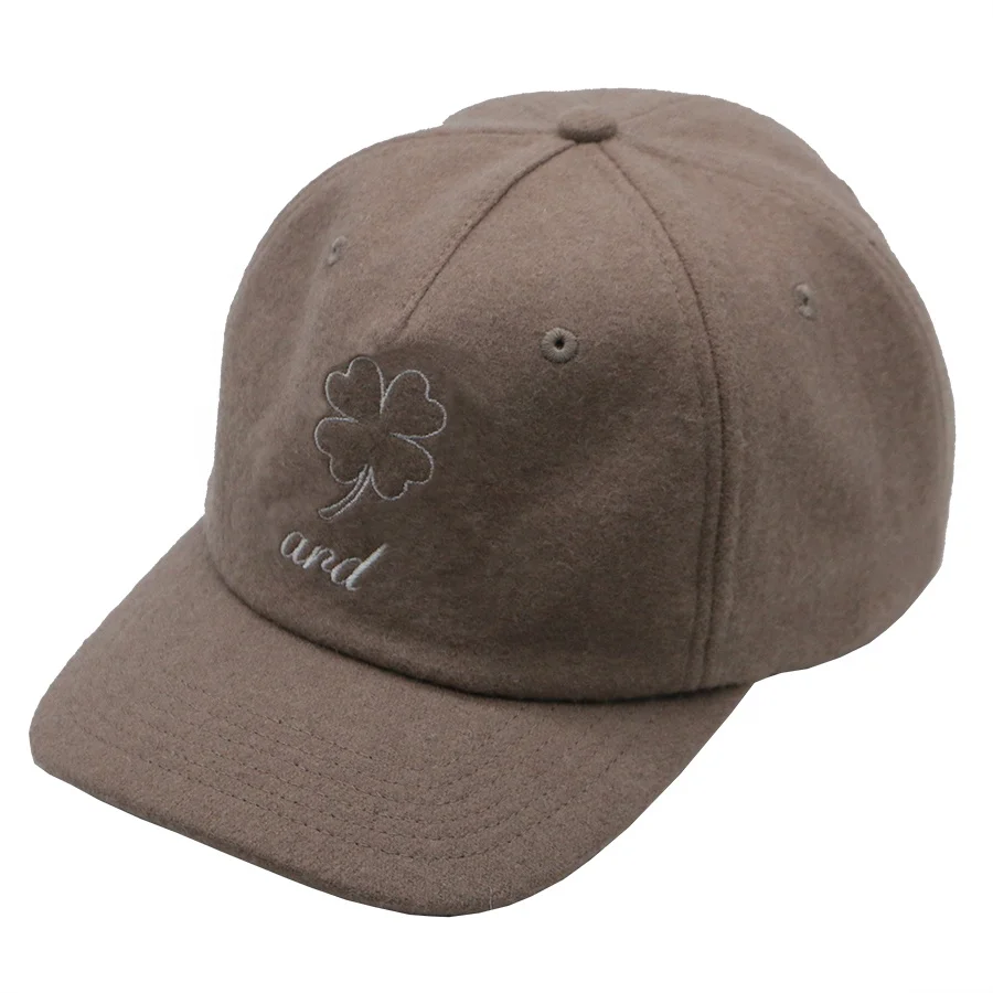 custom design lower crown 5 panel flat embroidery dad caps wool blend leather strap metal buckle wool hats unstructured dad hats