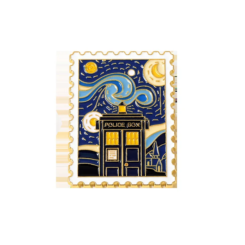 Factory Wholesale Van Gogh Oil Painting Alloy Brooch, Starry Castle Stamp Shape, Shiny Paint
