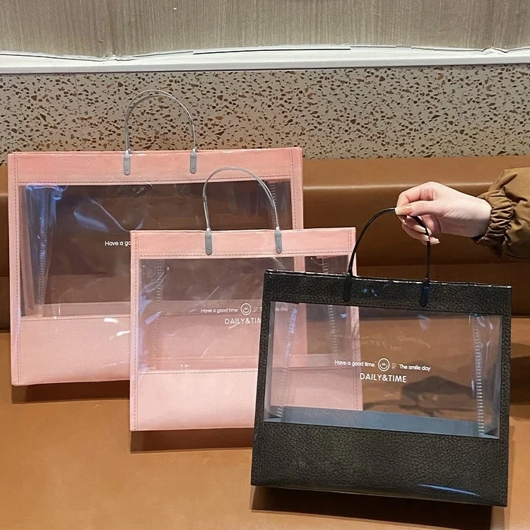 Recyclable Pvc Clear Plastic Bag For Clothes Shoes Dress Waterproof Package Transparent Cosmetic Shopping Bags With Handle