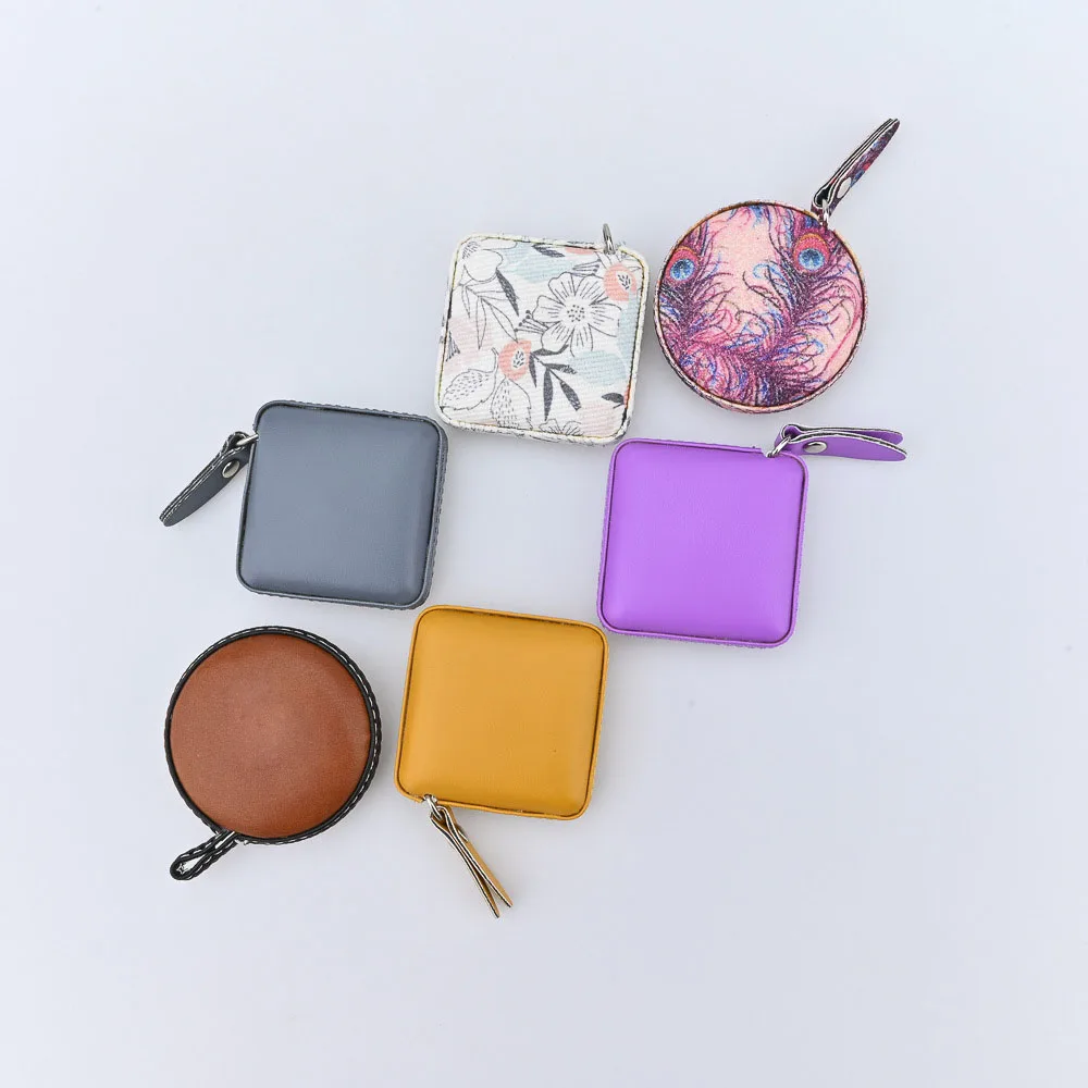 Custom full printing leather cover mini 1.5 meter tape measure keychain purple yellow