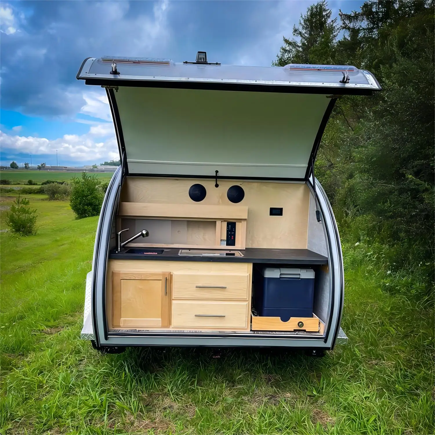 Small Teardrop RV Trailer Camper with Portable Solar Panel and Refrigerator Options