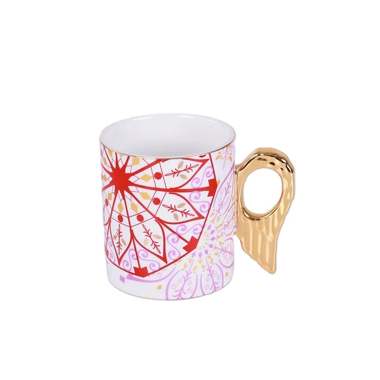 Angel Wing Gold Handle Porcelain Coffee Mugs Ceramic Mug Cups Gold Rim Coffee Cups