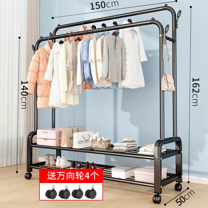 2 Poles Movable Hanger Stand/Hanger Rack With 2 Layer Organizer & With Wheels