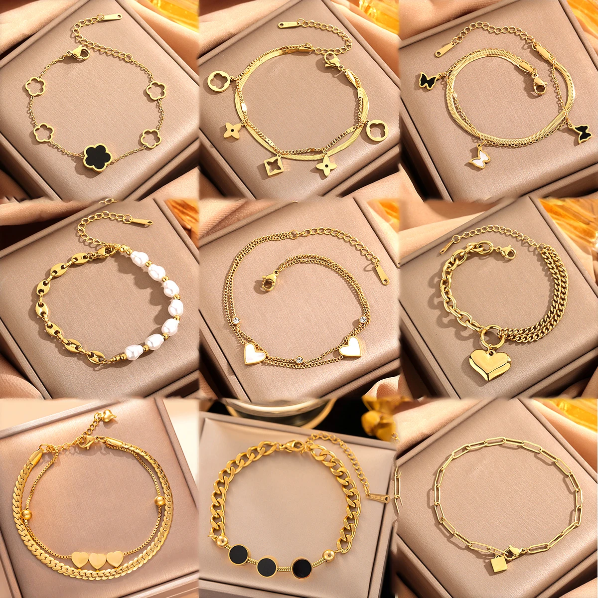 Stainless Steel 18k Gold Layered Pearl Shell Clover Butterfly Heart Chain Charm Bracelet Women Tennis Zircon Evil Eyes Bracelet