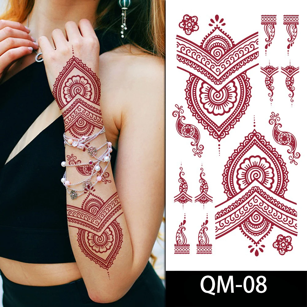 Disposable Waterproof Henna Tattoo Sticker with Vermilion Lace Temporary Body Color for Hand & Party Use Made of Paper