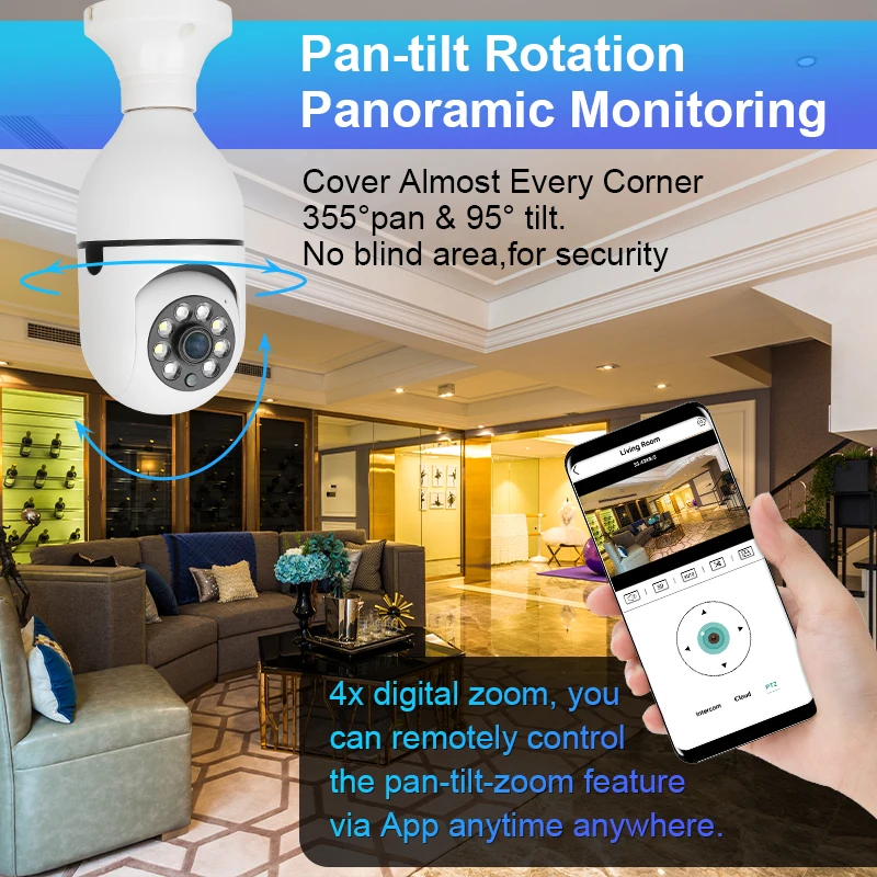 Умная Светодиодная лампа E27 для системы видеонаблюдения, PTZ, панорамная Беспроводная IP-лампа с поворотом на 360 градусов и Wi-Fi