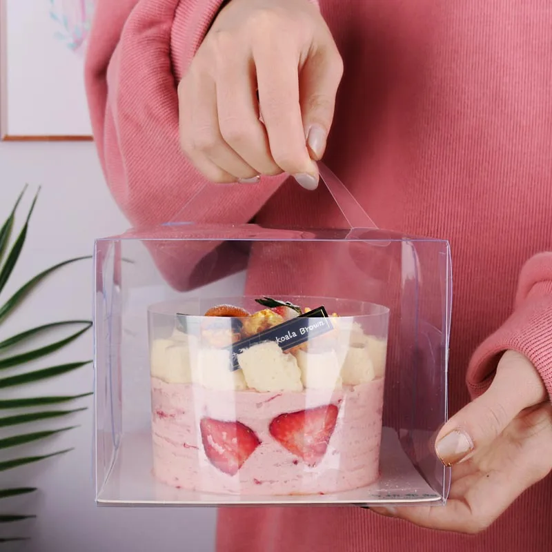 Wholesale 2 icnh Square Plastic Transparent PET Cheese Donut Puffs Food Packaging Sushi Pastry Box Clear Cake Box With Handle
