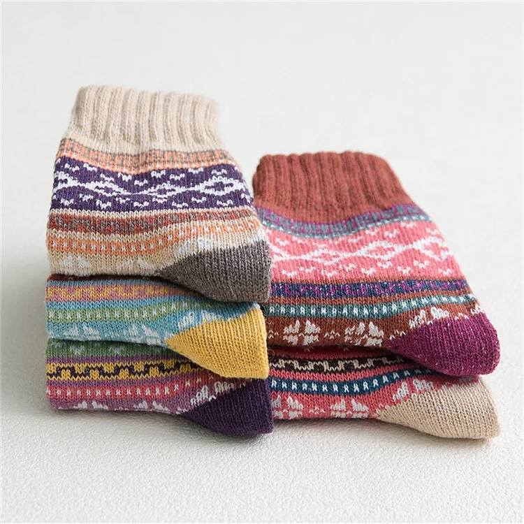 
Vintage Striped Jacquard Pattern Candy Color Happy Sock Winter Rabbit Hair Wool Thicken Warm Casual Socks For Woman 