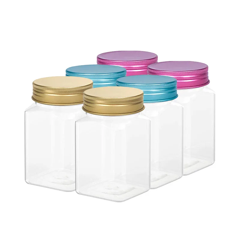 350ml 12 oz BPA Free Storage Containers Food Grade Pantry Canisters Clear Empty Plastic Square Honey Jar with Aluminum Lid