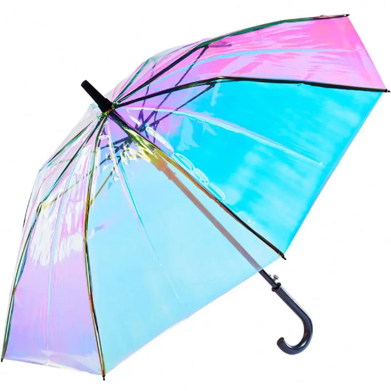 P263 Plastic PVC Holographic Umbrella Fashion Rain Sunshade Long Handle Transparent Umbrellas