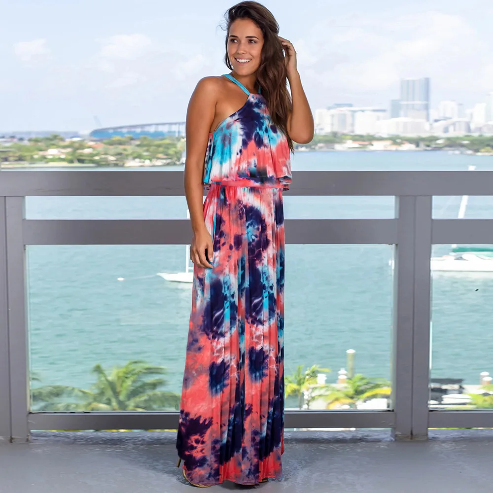 
Hot Sale Tie Dye Print Summer Maxi Dress Long Loose Style Slips Beach Sundress With Ruffles 
