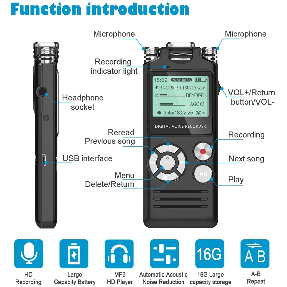 Professional audio recorder VR02 Voice Activated Digital Voice Recorder Three microphones HD Noise reduction multi-language menu