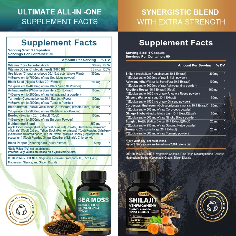 Sea Moss Blend  Shilajit  including Turmeric Curcumin Capsules, Bladderwrack capsules, Burdock roots, Chlorophyll, Ginger