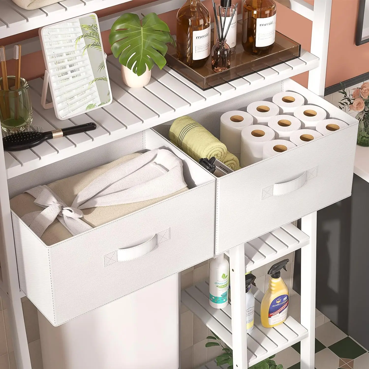 Storage Shelf with 2 Fabric Drawers, Bamboo Above Toilet Organizer Tower Rack with Toilet Paper Holder Stand,.