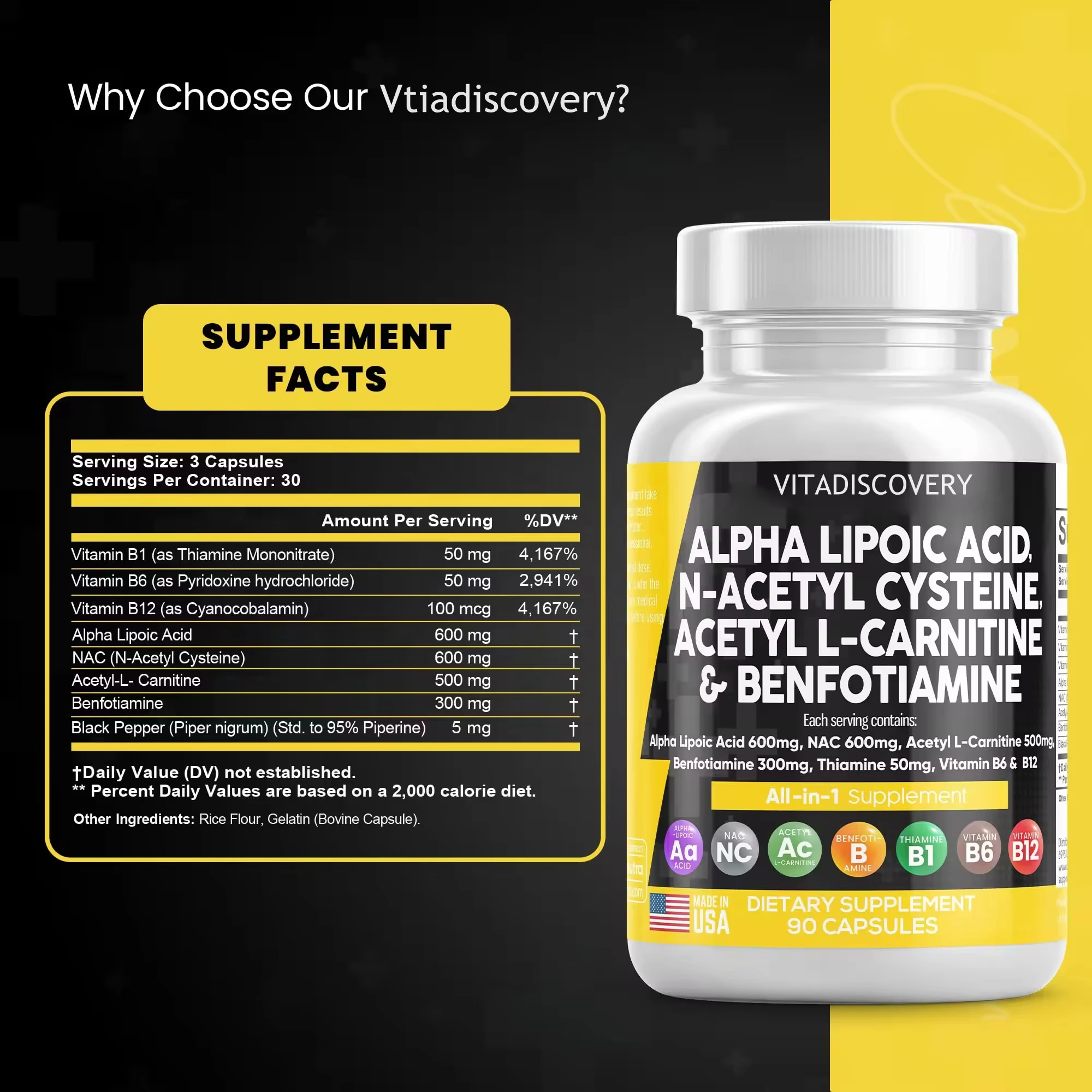 Alpha Lipoic Acid Capsules Acetyl L-Carnitine Benfotiamine with Vitamin B1 B6 B12 Natural Alpha Liopic Acid Powerful Antioxidant