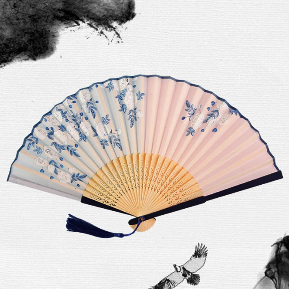 Bamboo Ribs Fabric Portable Folding Oriental Hand Fans with Tassel for Dance Performance Decoration Wedding Party Favor