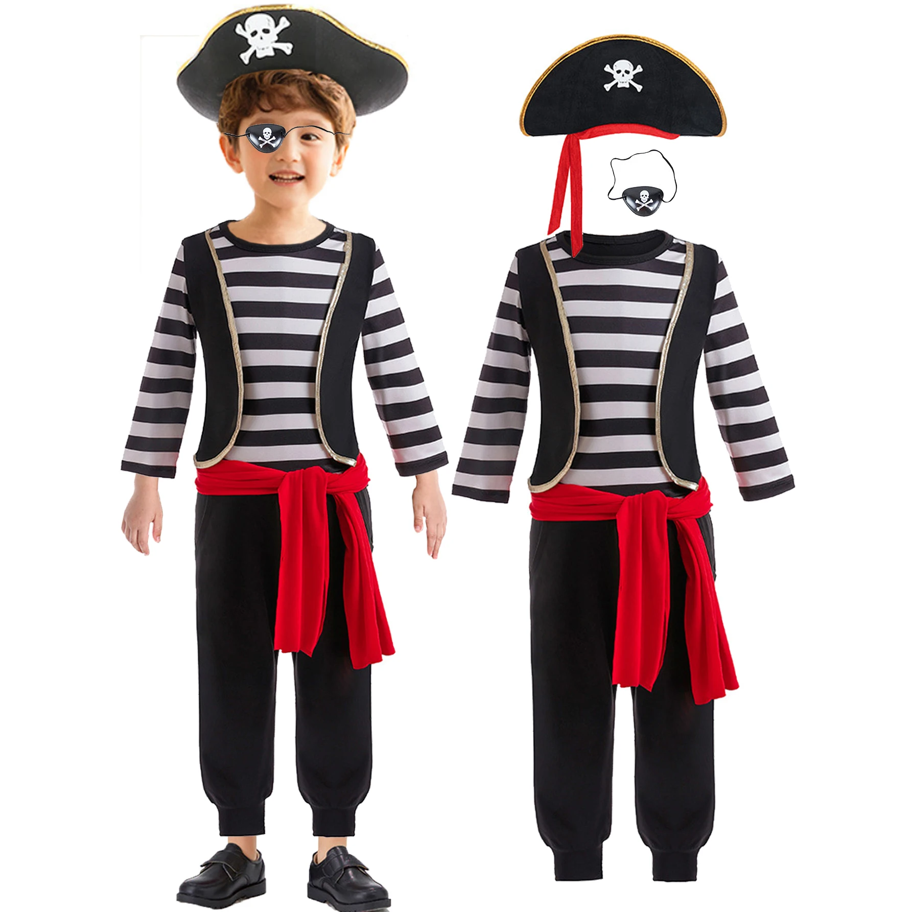 Children Pirate Costume Suit Toddlers Boys Halloween Carnival Cosplay Dress UP Outfits Hat+Eyepatch
