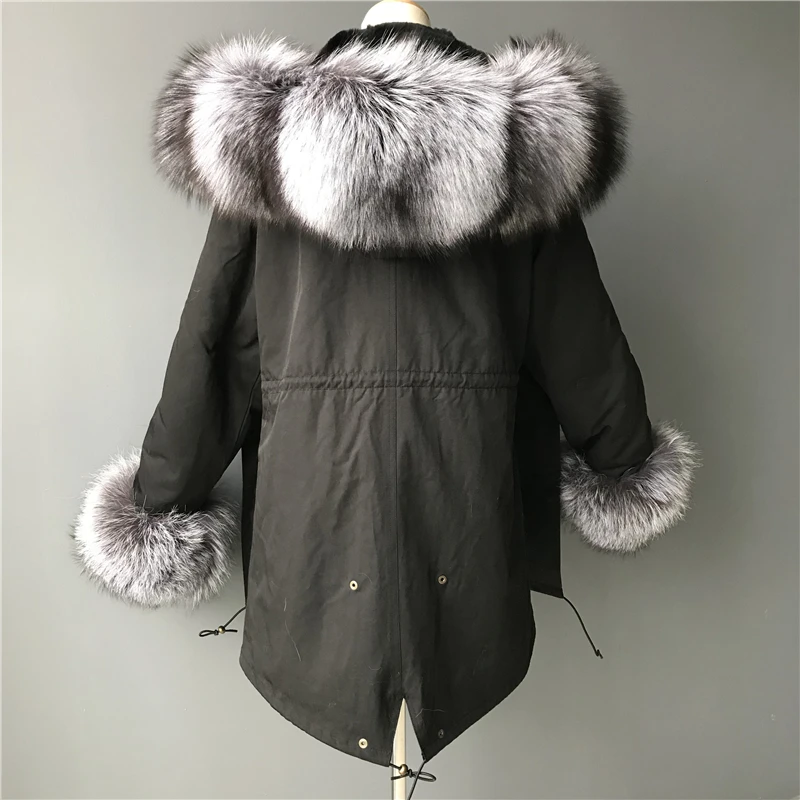 2019 Wholesale Winter Detachable Real Rex Rabbit Lining Parka Fur Hood Fur Jacket Parka Long Silver Fox Fur Parka