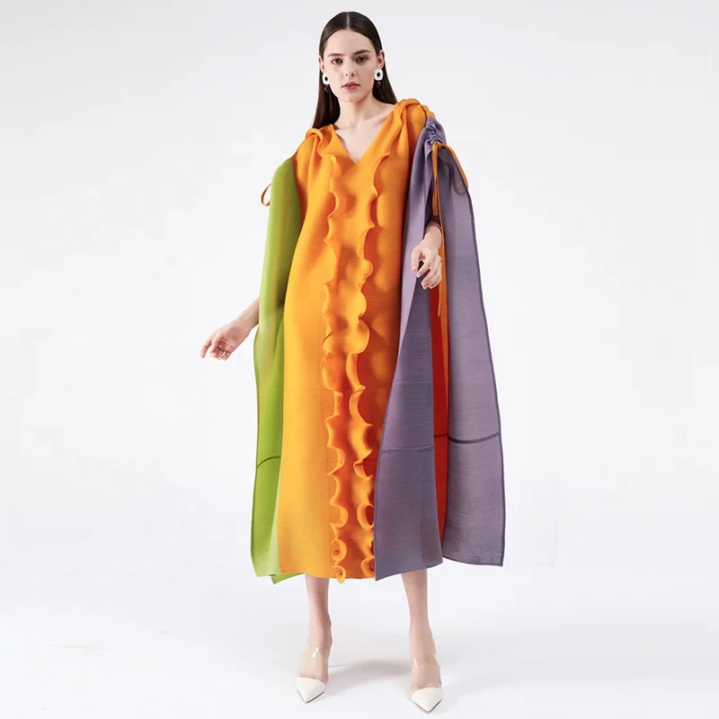 Модные женские платья на заказ, элегантное Плиссированное многоцветное платье большого размера с V-образным вырезом