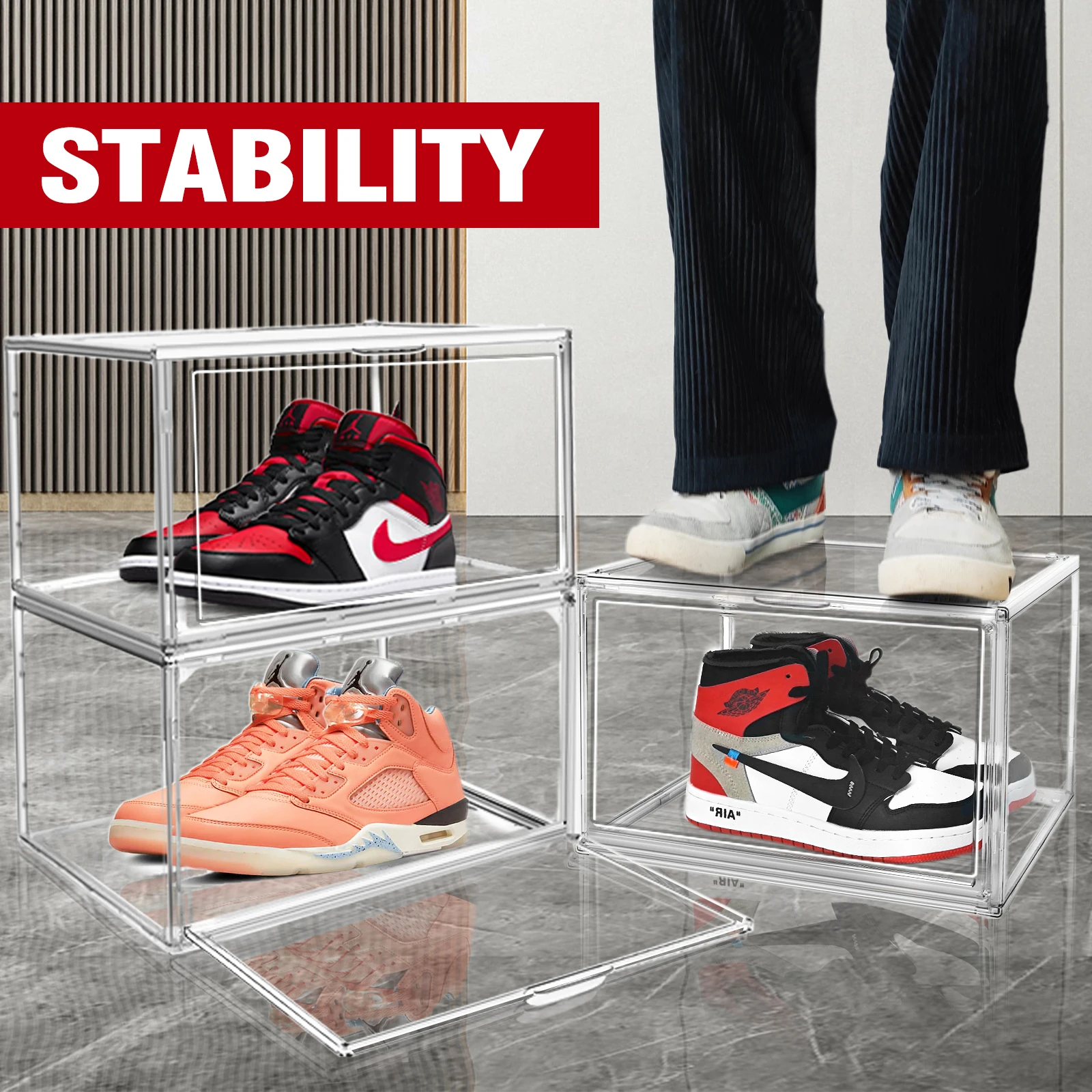 Magnetic Open Door Shoe Case Clear Shoe Box Stackable Plastic Sneaker Box Shoe Storage Box & Bins