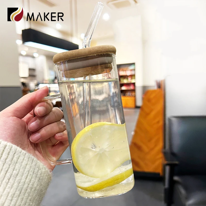 400ml Empty High Borosilicate Square Clear Glass Handle Straw Drinkware Bottle Cola Juice Milk Tea Water Cup With Bamboo Lid