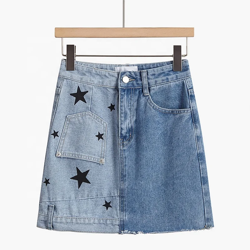 NVFelix Jeans Fashion Women Denim Skirt Manufacturer Female Latest Design Stars Print Pocket Patchwork A-Line Mini Skirts