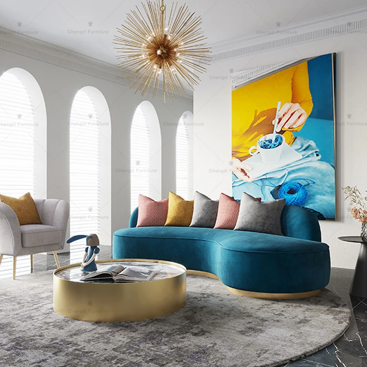 2021 роскошный современный стиль основание из нержавеющей стали изогнутый серый бархатный диван синий классический
