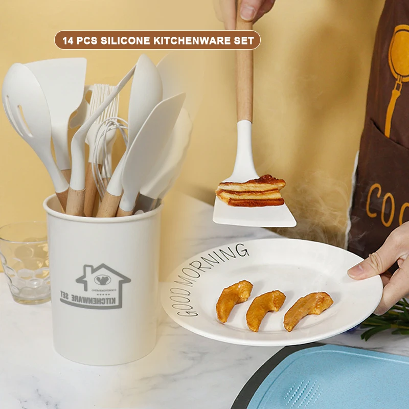14pcs Kichen Accessories Wooden Handle Silicone Kitchen Cooking Utensils Sets