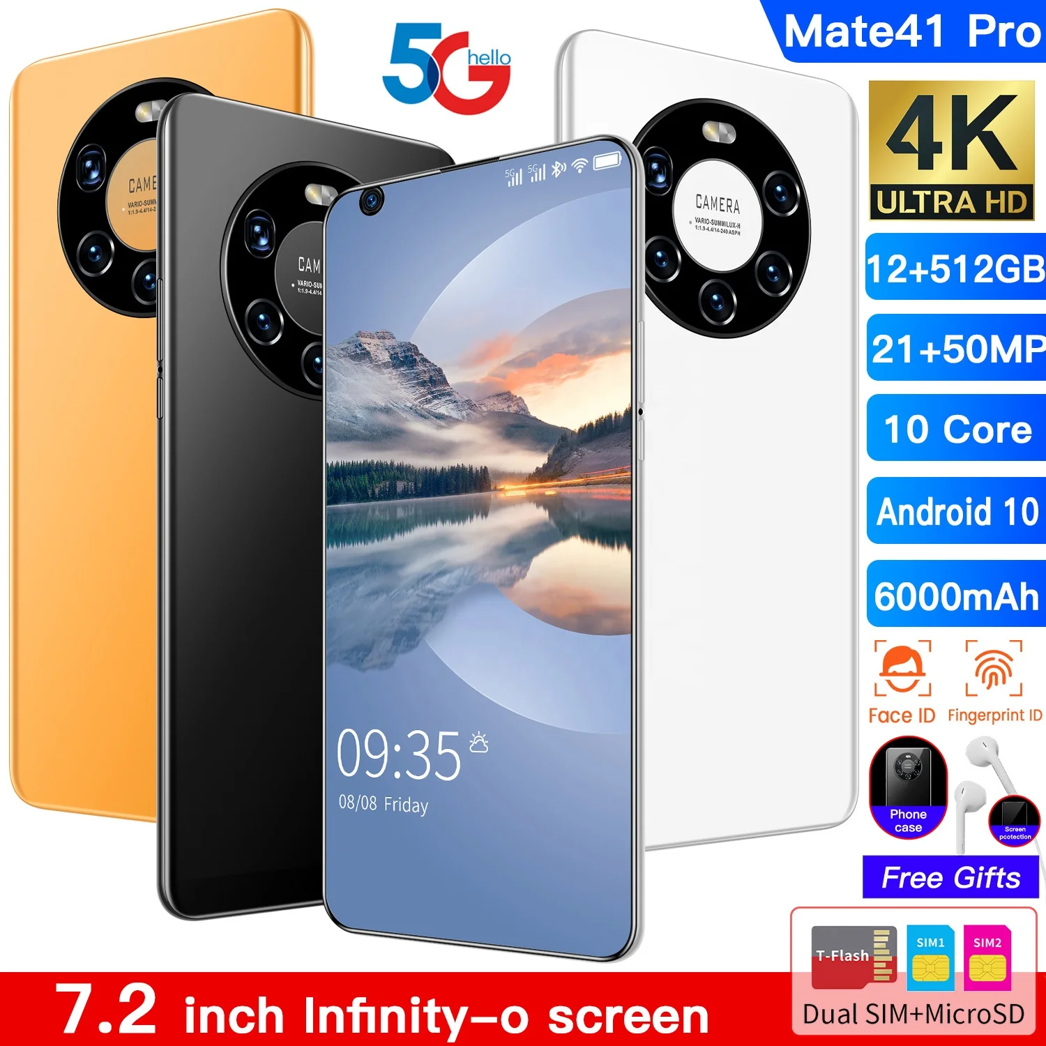 Низкая цена Mate41pro + оригинальный 12 Гб 512 7 2 дюймовый смартфон разблокированый смарт-телефоны Android 10 Dual Sim сенсорный экран