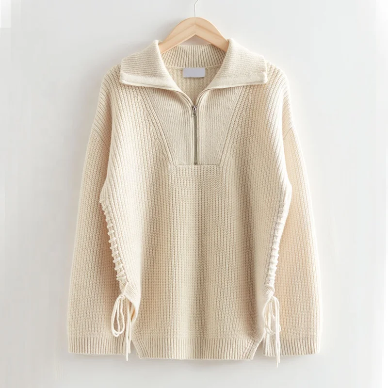 2022 Factory wholesale custom zipper stand collar women knit pullover merino wool sweater