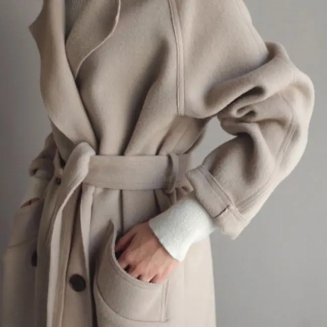 2022 Factory New Arrival Autumn Winter Solid Color Korean Loose Wool Coats Women Long Trench Coat