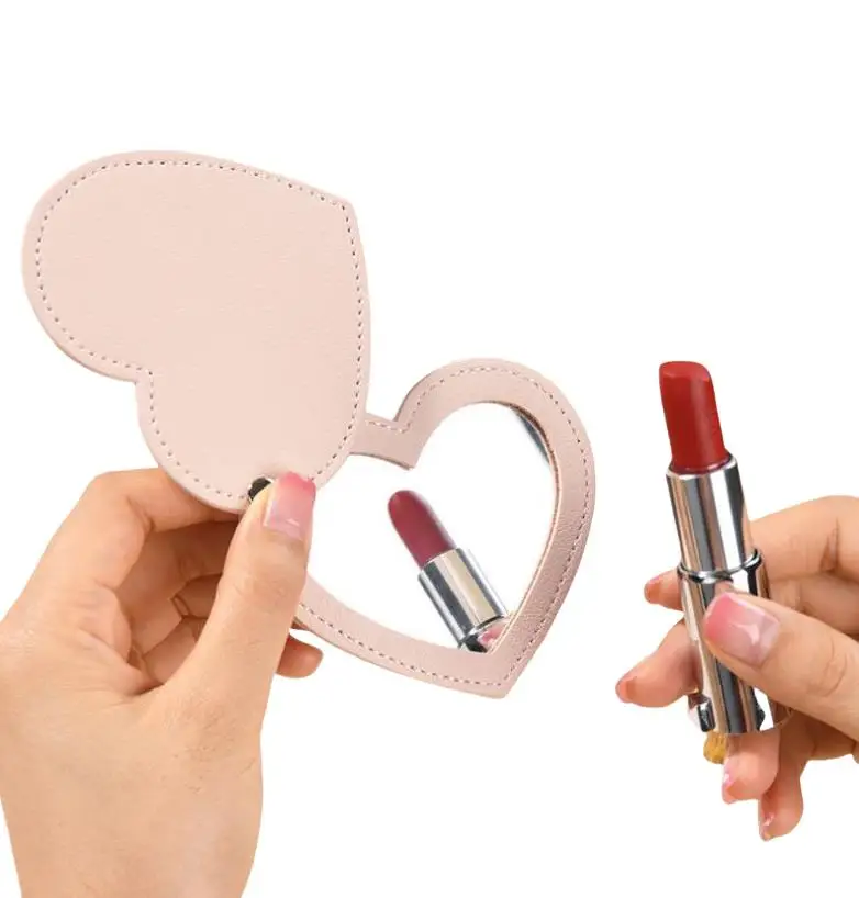 Travel Heart Shaped Pu Leather Makeup Mirror Custom Logo Rotatable Stainless Steel Cosmetic Pocket Mirrors For Women