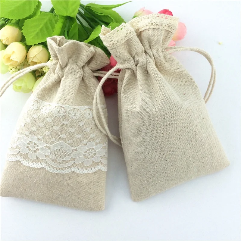 Jute pouch with lace,wedding party favor jute gift pouch,custom burlap lace drawstring bag