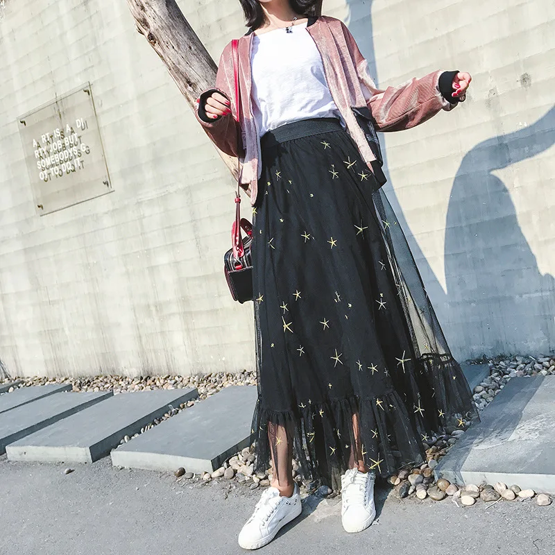 Summer high quality  korean embroidery fashion black long skirt