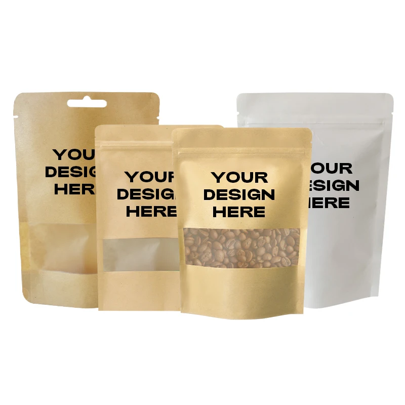 Best selling zipper stand up brown white kraft paper bag with window for food