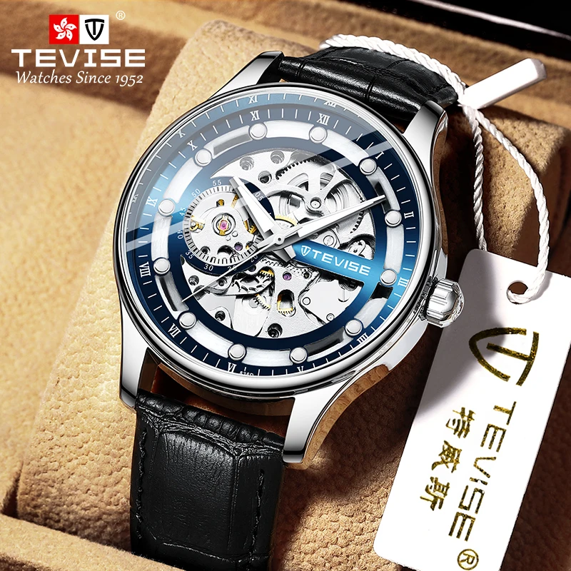 HOT SALE TEVISE Skeleton Watch For Men Business Style Automatic Watch Leather Strap Mechanical Watch Automatic
