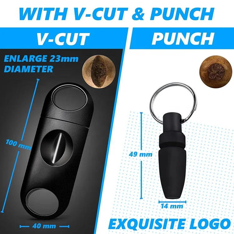 Hot-selling custom 3 pack cigar cutter set contained stainless steel guillotine enlarge V-Cut cigar punch