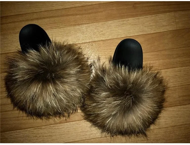 New Design Sexy Ladies Fluffy Real Raccoon Racoon Fur Shoes Sliders Sandal Slippers Slides With Big Furry Fluffy Hair