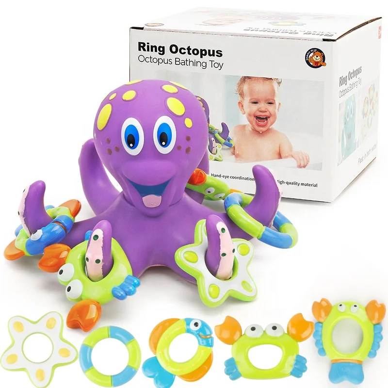 Manufacturer Floating Purple Octopus Interactive Baby Bath Toys Animal  with 3 Hoopla Rings